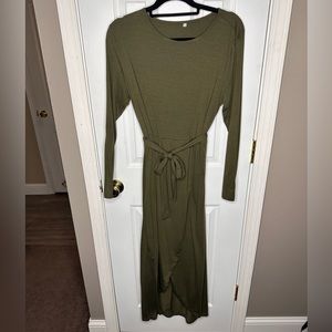 Long Sleeve Olive Green Dress with Slit and Tie